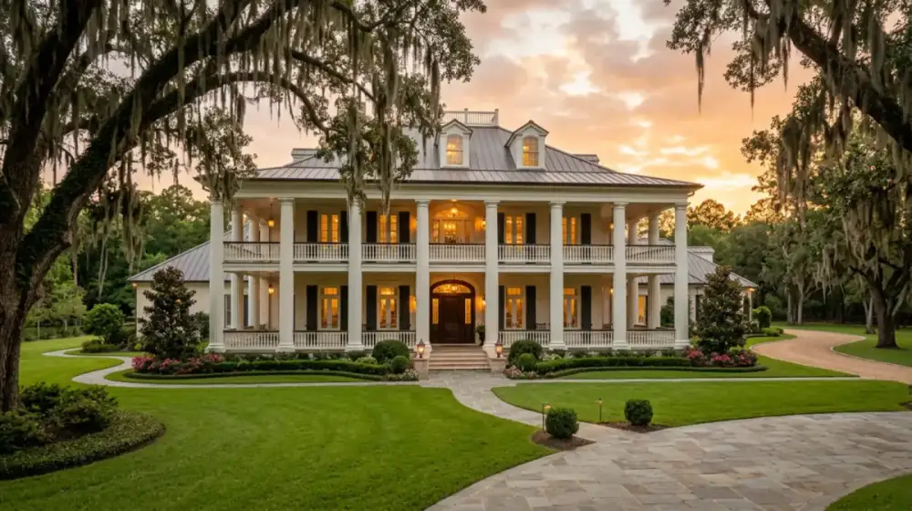 Estate home framed by live oaks in Acadiana, Louisiana